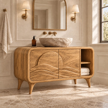 Bathroom Vanity with Wave-Carved Doors and Open Side Storage Cabinet - Woodenecho - 8