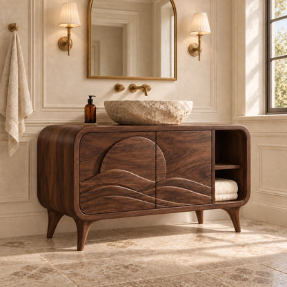 Bathroom Vanity with Wave-Carved Doors and Open Side Storage Cabinet - Woodenecho - 9