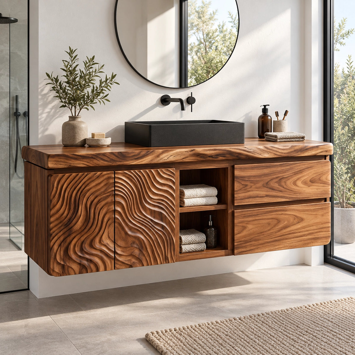 Bathroom Vanity with Wave-Carved Doors and Two Drawers in Natural Wood - Woodenecho - 1