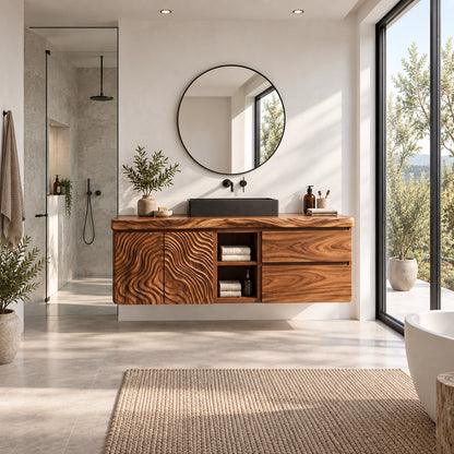 Bathroom Vanity with Wave-Carved Doors and Two Drawers in Natural Wood - Woodenecho - 2