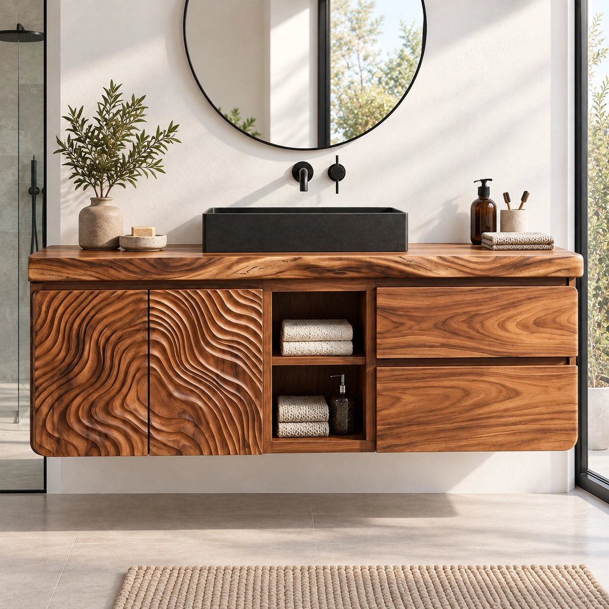 Bathroom Vanity with Wave-Carved Doors and Two Drawers in Natural Wood - Woodenecho - 3