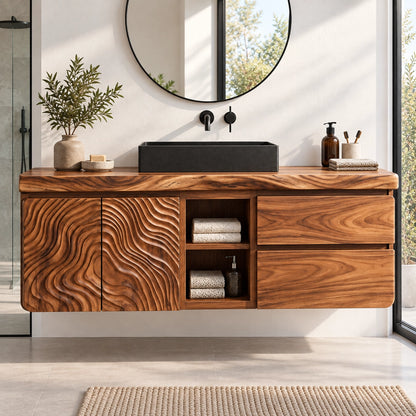 Bathroom Vanity with Wave-Carved Doors and Two Drawers in Natural Wood - Woodenecho - 3