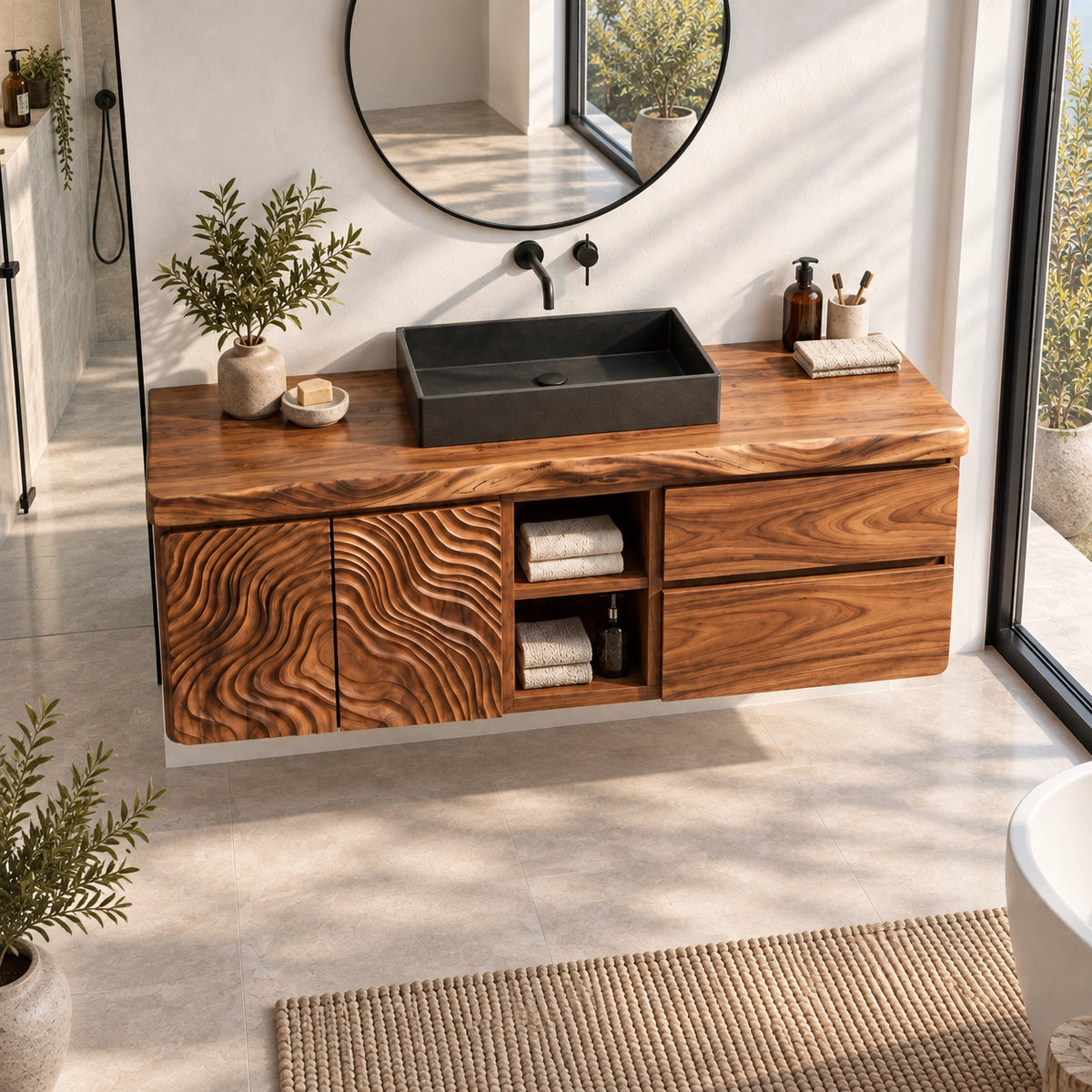 Bathroom Vanity with Wave-Carved Doors and Two Drawers in Natural Wood - Woodenecho - 4