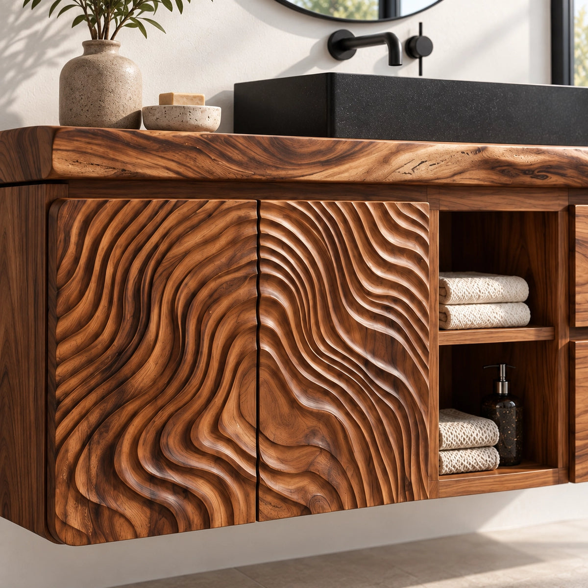 Bathroom Vanity with Wave-Carved Doors and Two Drawers in Natural Wood - Woodenecho - 5