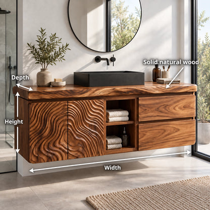 Bathroom Vanity with Wave-Carved Doors and Two Drawers in Natural Wood - Woodenecho - 6