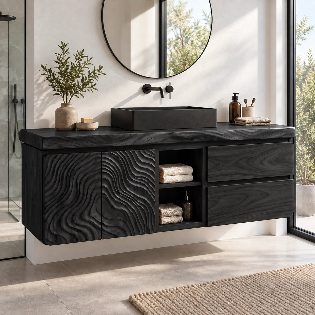 Bathroom Vanity with Wave-Carved Doors and Two Drawers in Natural Wood - Woodenecho - 7