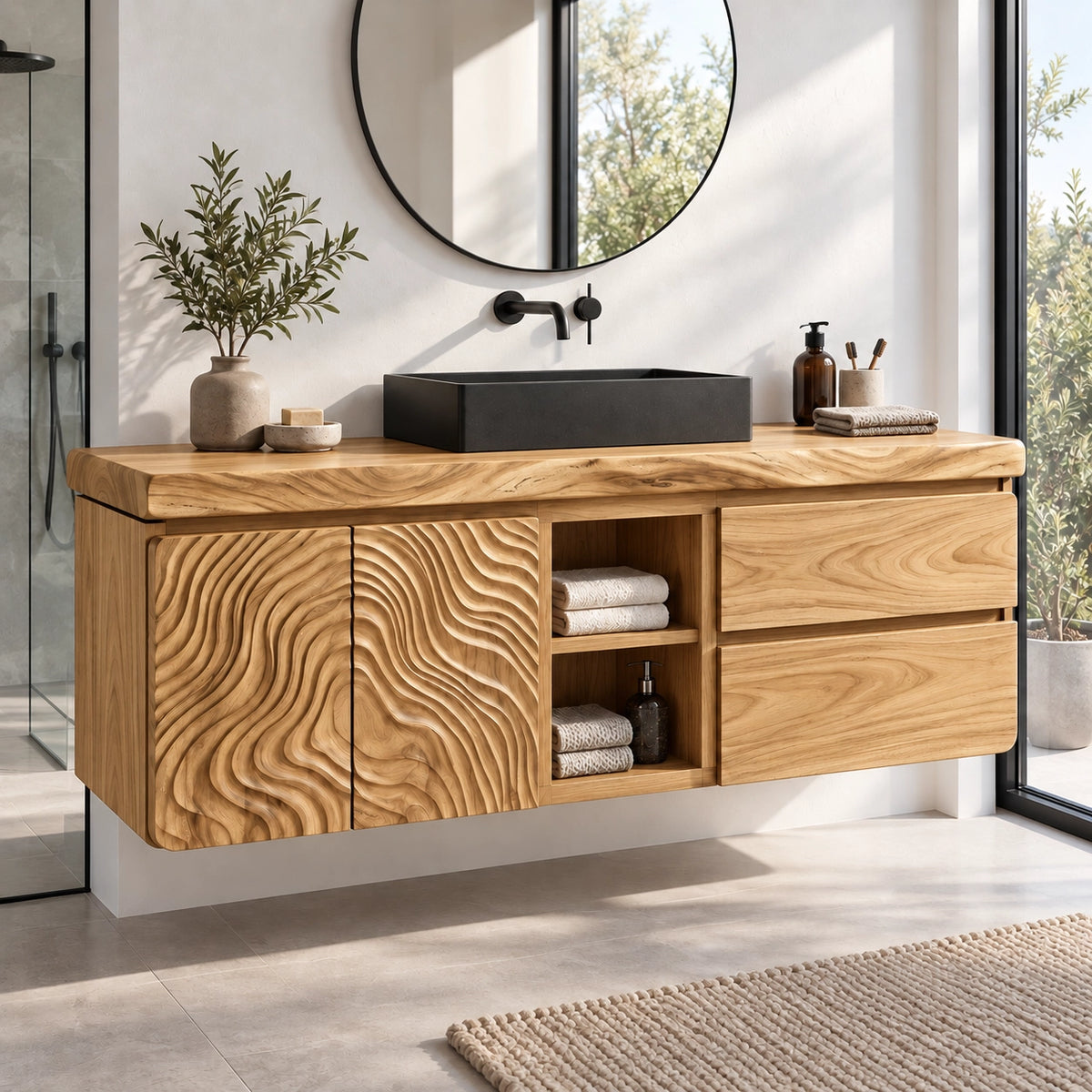 Bathroom Vanity with Wave-Carved Doors and Two Drawers in Natural Wood - Woodenecho - 8