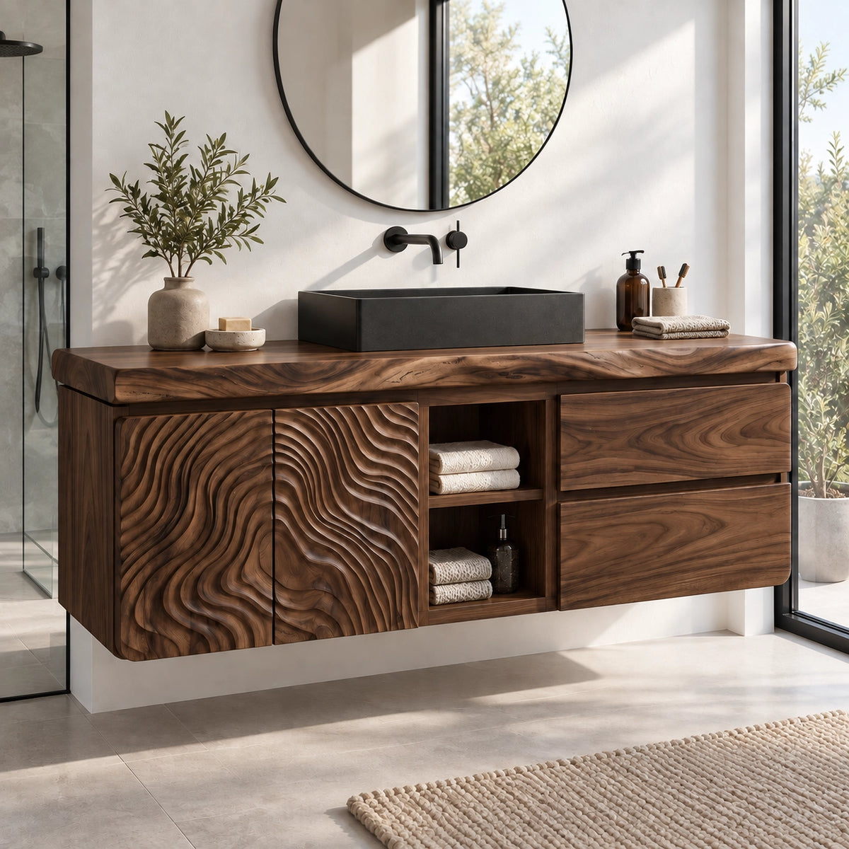 Bathroom Vanity with Wave-Carved Doors and Two Drawers in Natural Wood - Woodenecho - 9