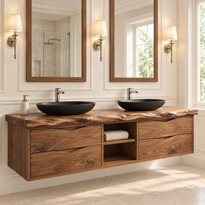 Bathroom Vanity with Wave-Carved Drawers and Central Open Shelf Storage - Woodenecho - 1