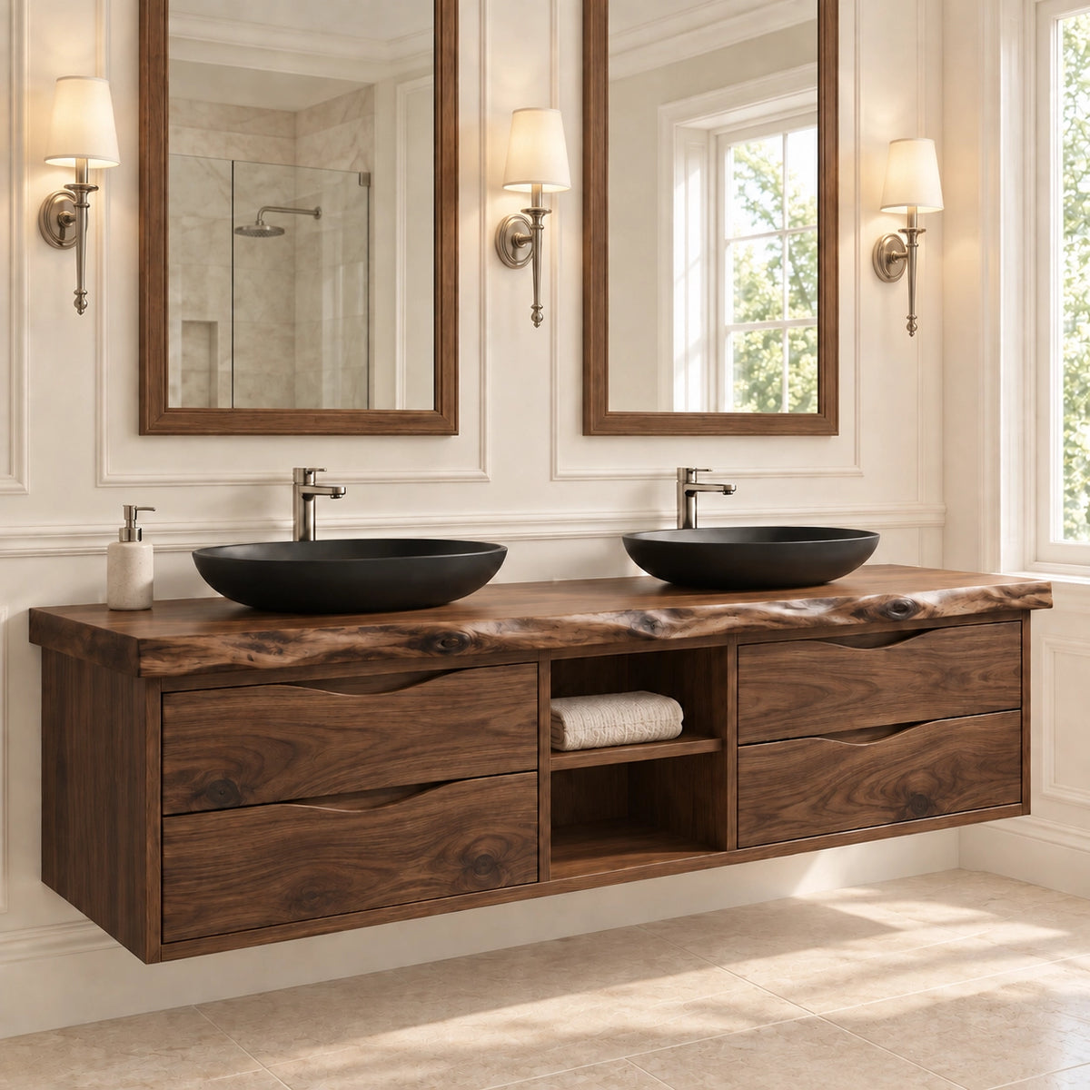 Bathroom Vanity with Wave-Carved Drawers and Central Open Shelf Storage - Woodenecho - 10