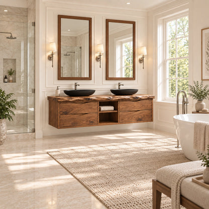 Bathroom Vanity with Wave-Carved Drawers and Central Open Shelf Storage - Woodenecho - 2