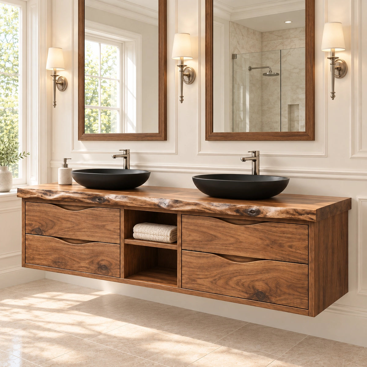 Bathroom Vanity with Wave-Carved Drawers and Central Open Shelf Storage - Woodenecho - 3
