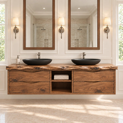 Bathroom Vanity with Wave-Carved Drawers and Central Open Shelf Storage - Woodenecho - 4