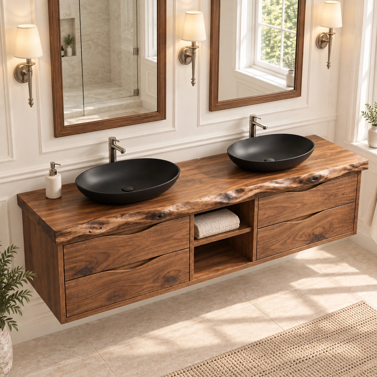 Bathroom Vanity with Wave-Carved Drawers and Central Open Shelf Storage - Woodenecho - 5