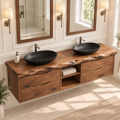Bathroom Vanity with Wave-Carved Drawers and Central Open Shelf Storage - Woodenecho - 5