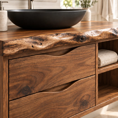Bathroom Vanity with Wave-Carved Drawers and Central Open Shelf Storage - Woodenecho - 6