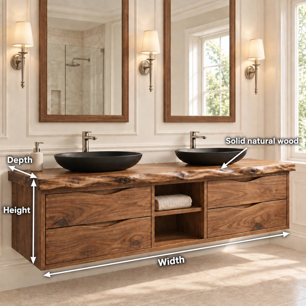 Bathroom Vanity with Wave-Carved Drawers and Central Open Shelf Storage - Woodenecho - 7