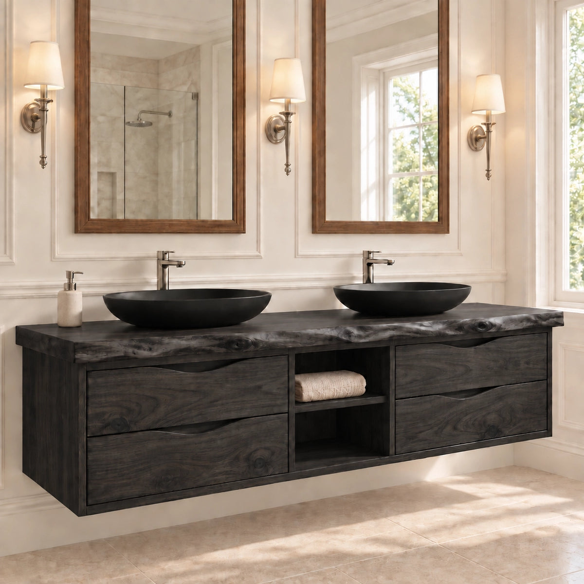 Bathroom Vanity with Wave-Carved Drawers and Central Open Shelf Storage - Woodenecho - 8