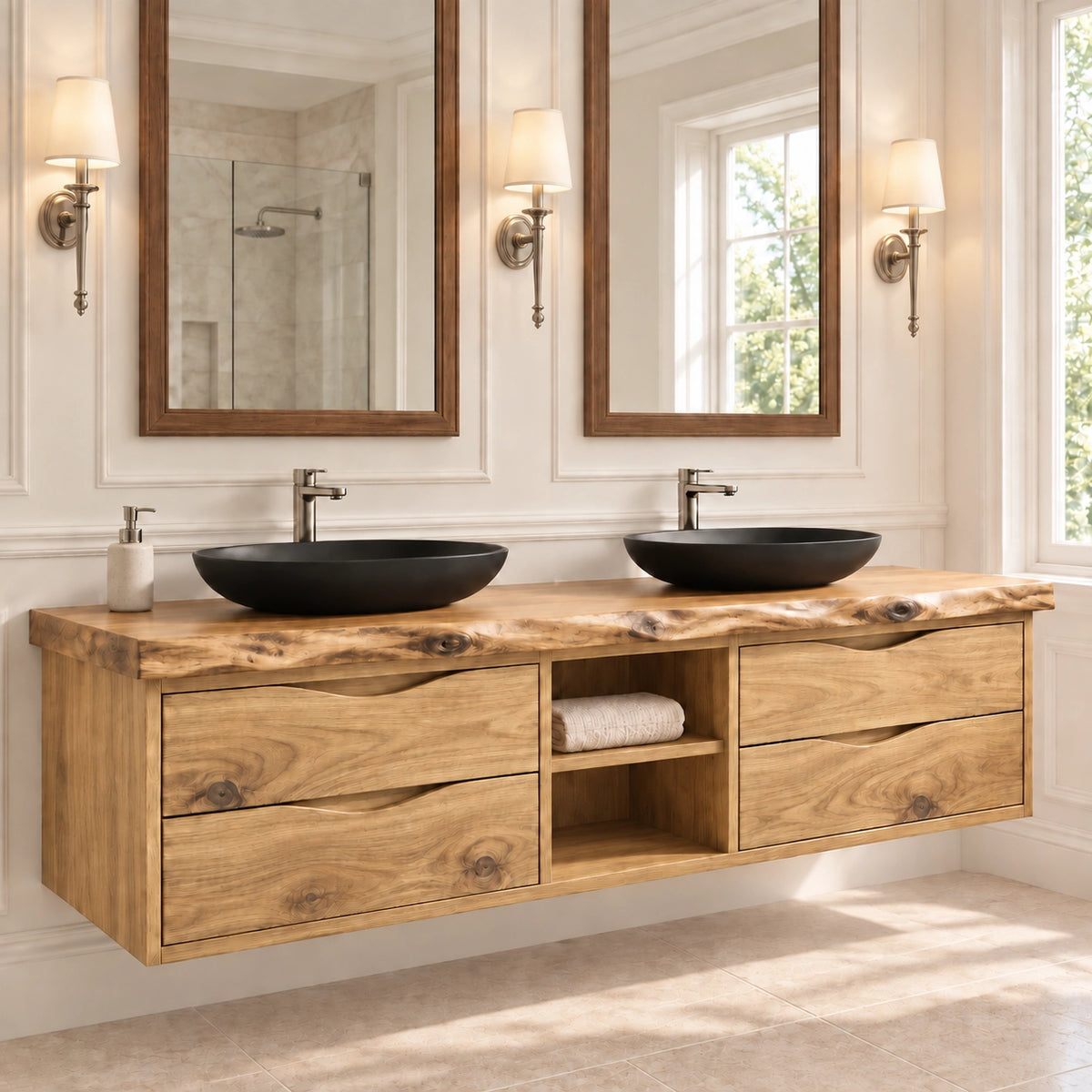 Bathroom Vanity with Wave-Carved Drawers and Central Open Shelf Storage - Woodenecho - 9