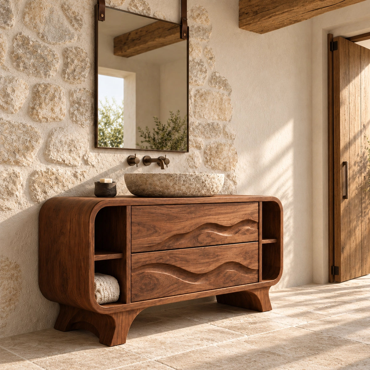Bathroom Vanity with Wave-Carved Drawers and Open Side Storage Shelves - Woodenecho - 1