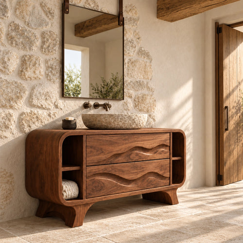 Bathroom Vanity with Wave-Carved Drawers and Open Side Storage Shelves - Woodenecho - 1