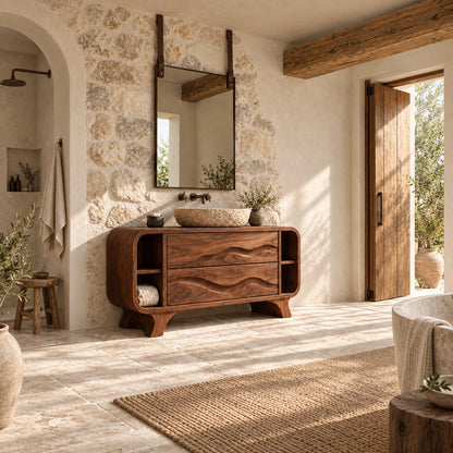 Bathroom Vanity with Wave-Carved Drawers and Open Side Storage Shelves - Woodenecho - 2