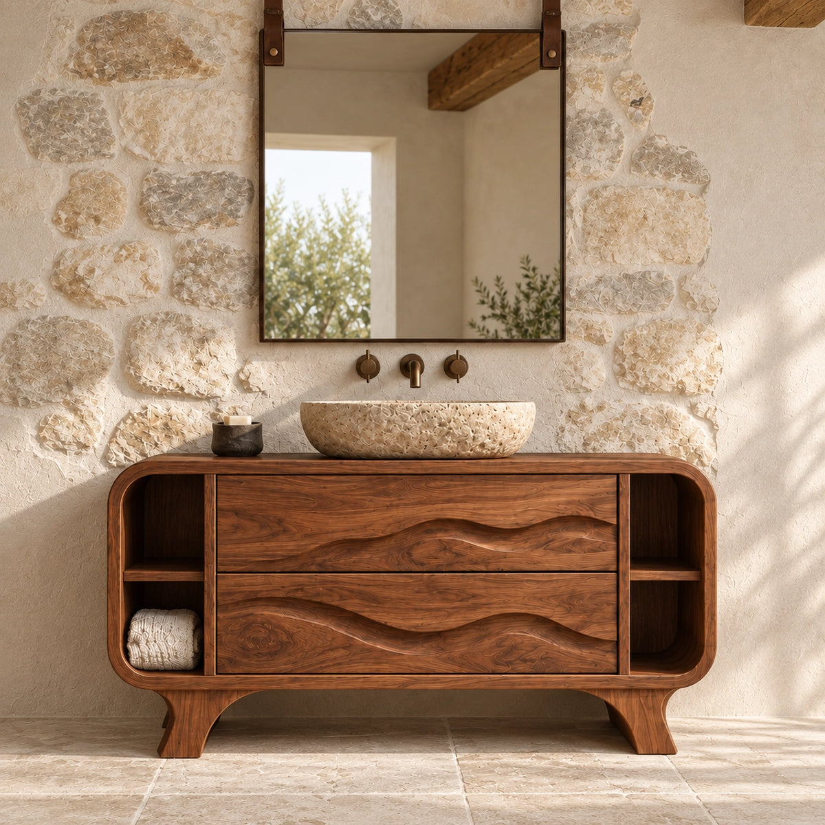 Bathroom Vanity with Wave-Carved Drawers and Open Side Storage Shelves - Woodenecho - 3