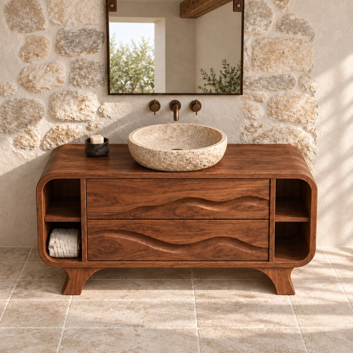 Bathroom Vanity with Wave-Carved Drawers and Open Side Storage Shelves - Woodenecho - 4