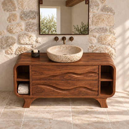 Bathroom Vanity with Wave-Carved Drawers and Open Side Storage Shelves - Woodenecho - 4