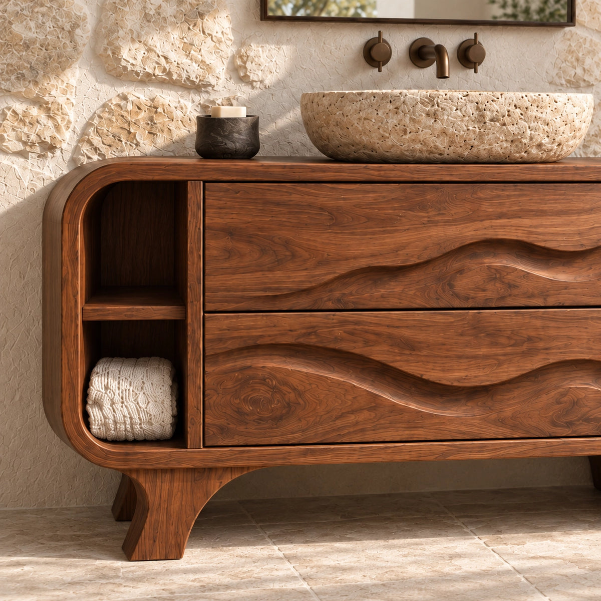 Bathroom Vanity with Wave-Carved Drawers and Open Side Storage Shelves - Woodenecho - 5