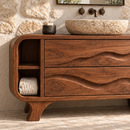 Bathroom Vanity with Wave-Carved Drawers and Open Side Storage Shelves - Woodenecho - 5