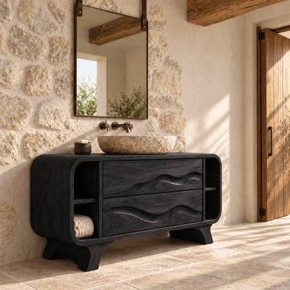 Bathroom Vanity with Wave-Carved Drawers and Open Side Storage Shelves - Woodenecho - 7