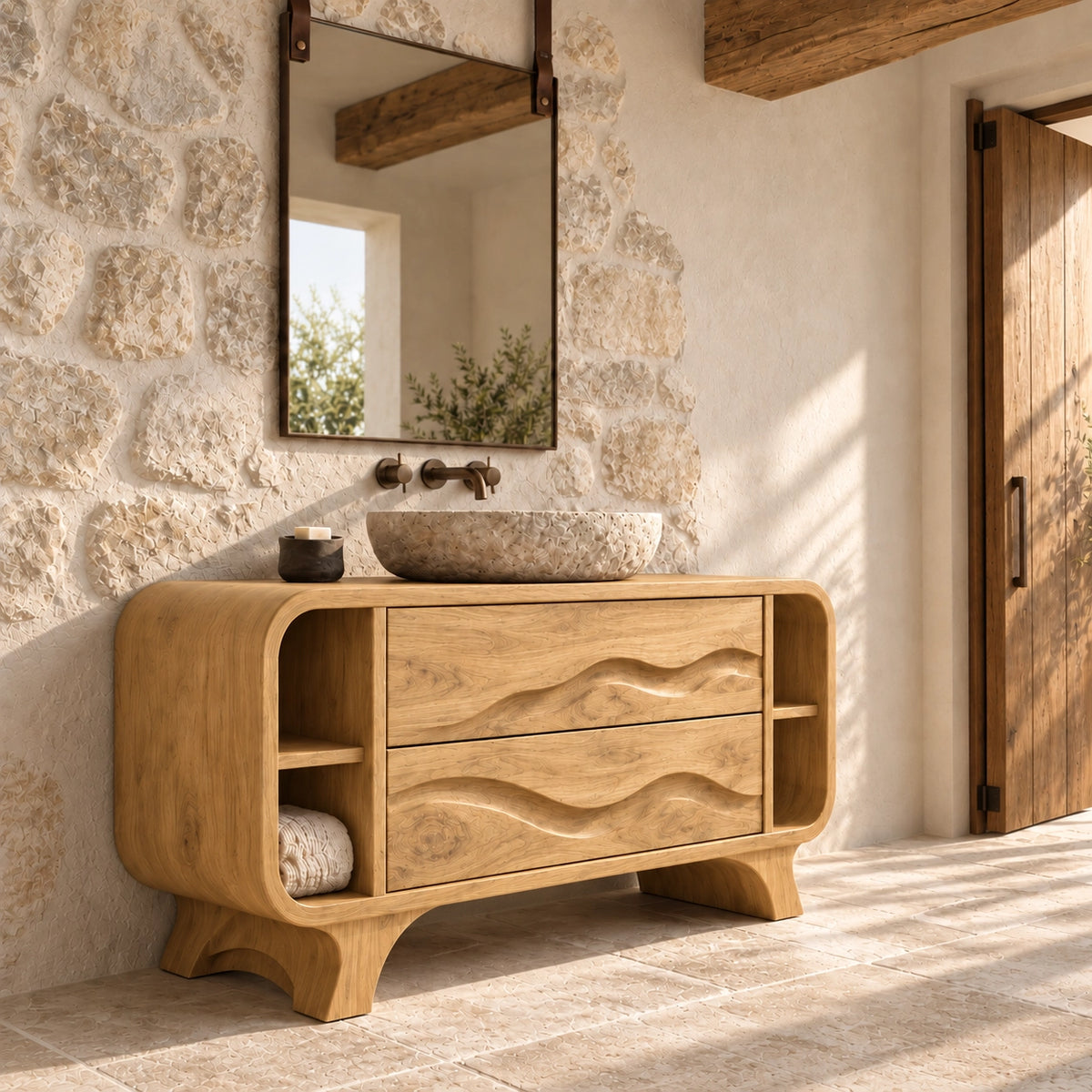 Bathroom Vanity with Wave-Carved Drawers and Open Side Storage Shelves - Woodenecho - 8