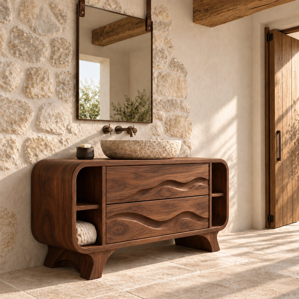Bathroom Vanity with Wave-Carved Drawers and Open Side Storage Shelves - Woodenecho - 9