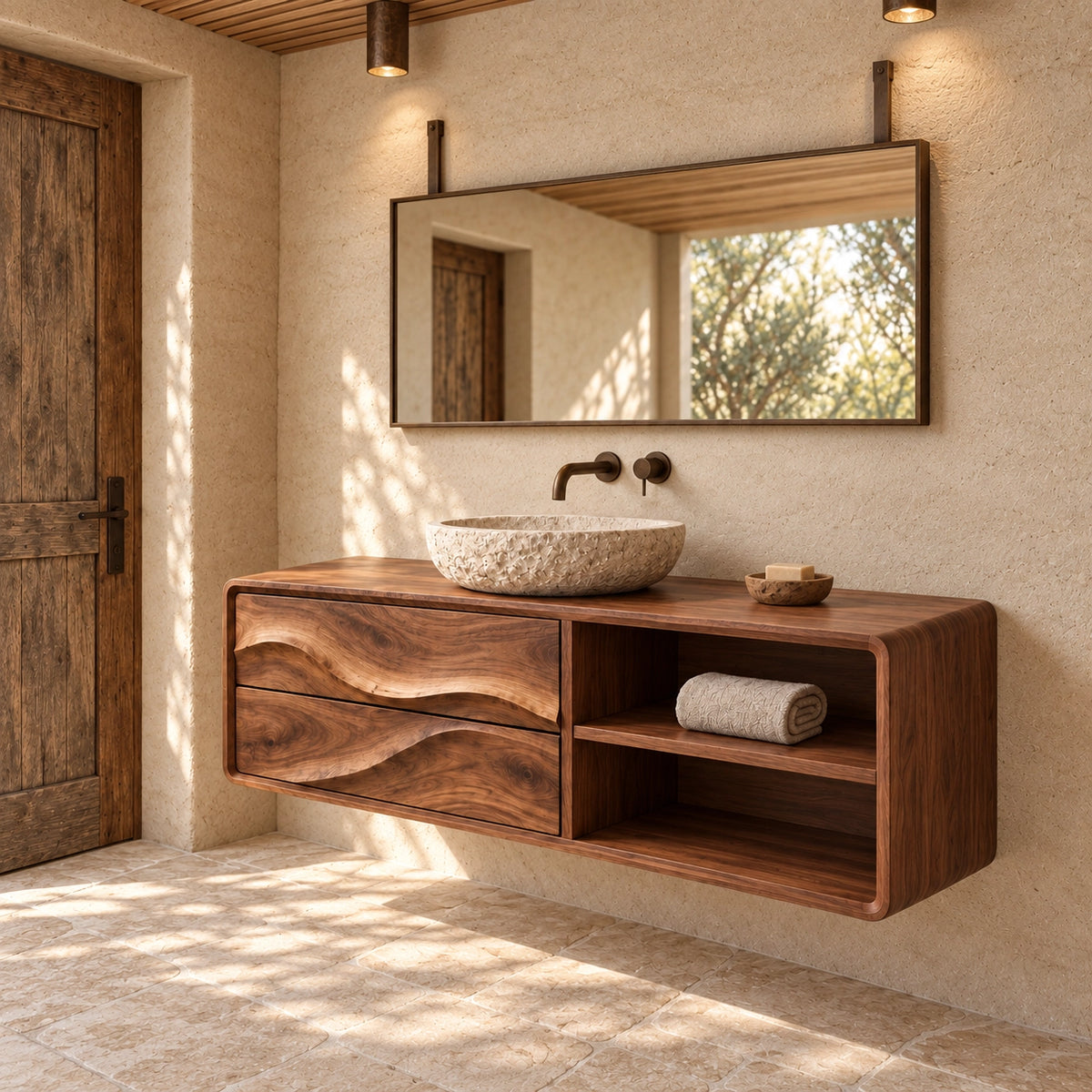 Bathroom Vanity with Wave-Carved Drawers and Open Storage Shelves - Woodenecho - 1