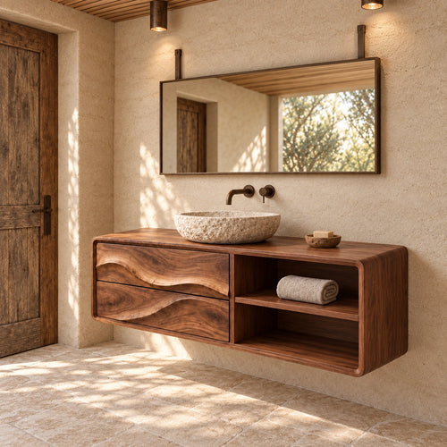Bathroom Vanity with Wave-Carved Drawers and Open Storage Shelves - Woodenecho - 1