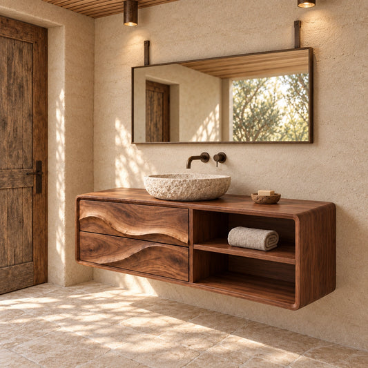 Bathroom Vanity with Wave-Carved Drawers and Open Storage Shelves - Woodenecho - 1