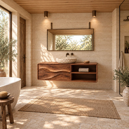 Bathroom Vanity with Wave-Carved Drawers and Open Storage Shelves - Woodenecho - 2