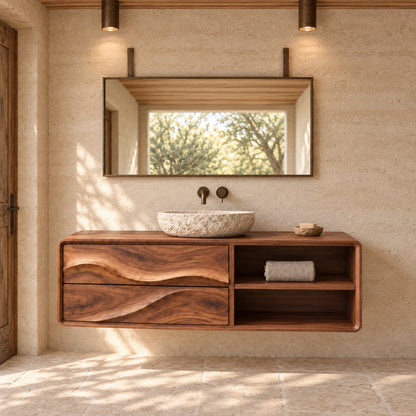 Bathroom Vanity with Wave-Carved Drawers and Open Storage Shelves - Woodenecho - 3