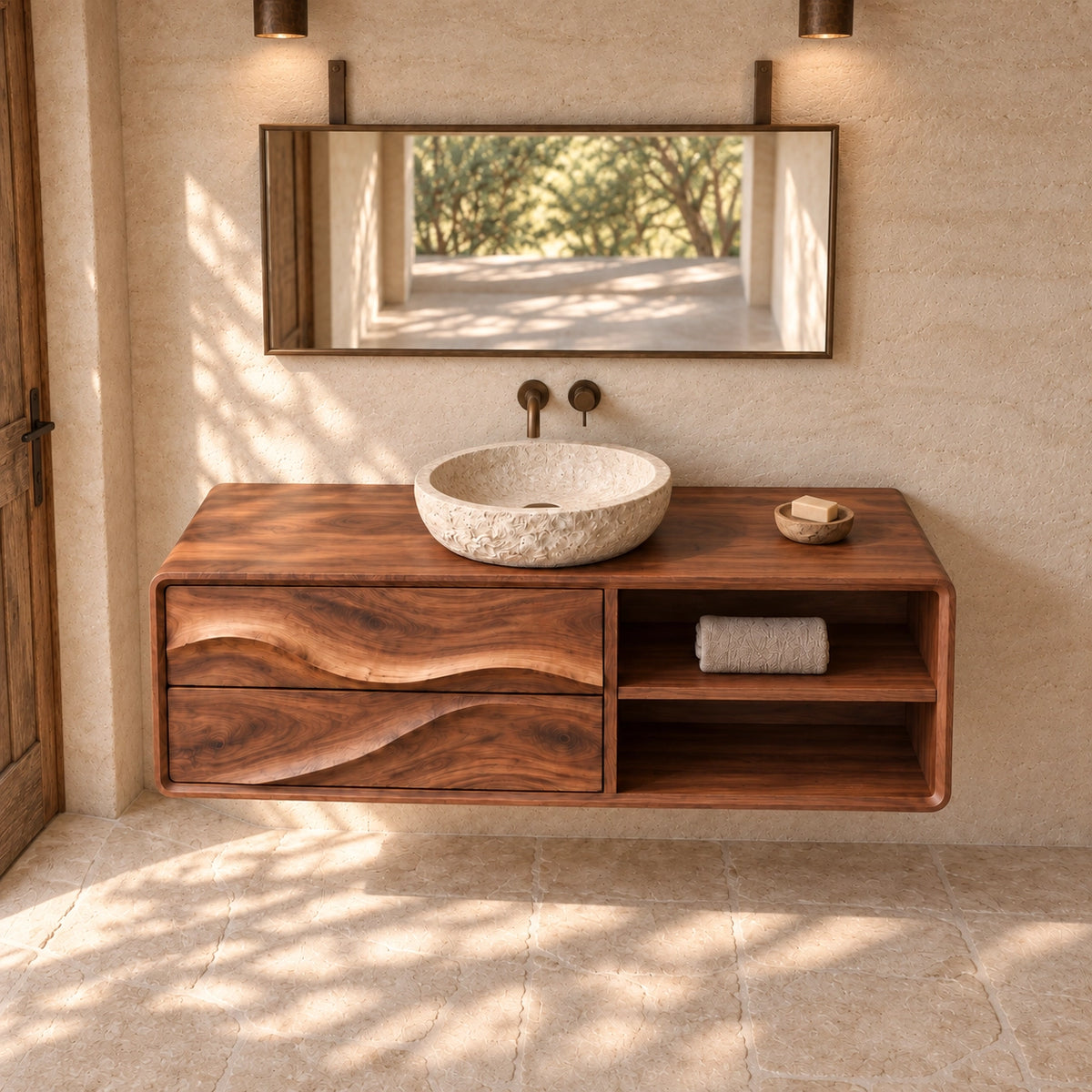 Bathroom Vanity with Wave-Carved Drawers and Open Storage Shelves - Woodenecho - 4