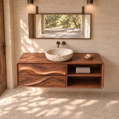 Bathroom Vanity with Wave-Carved Drawers and Open Storage Shelves - Woodenecho - 4