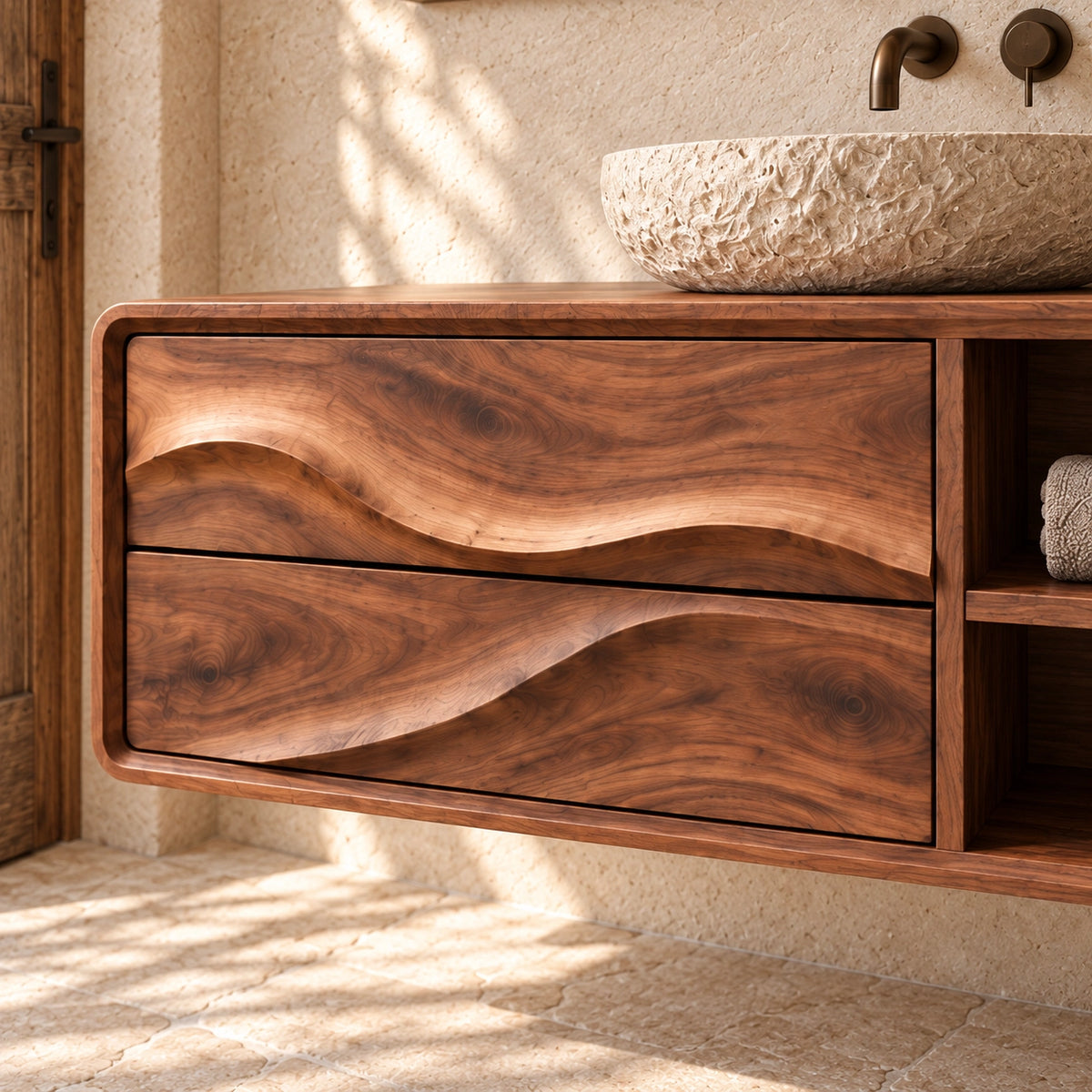 Bathroom Vanity with Wave-Carved Drawers and Open Storage Shelves - Woodenecho - 5