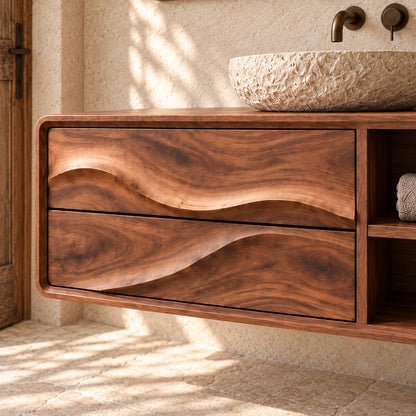 Bathroom Vanity with Wave-Carved Drawers and Open Storage Shelves - Woodenecho - 5