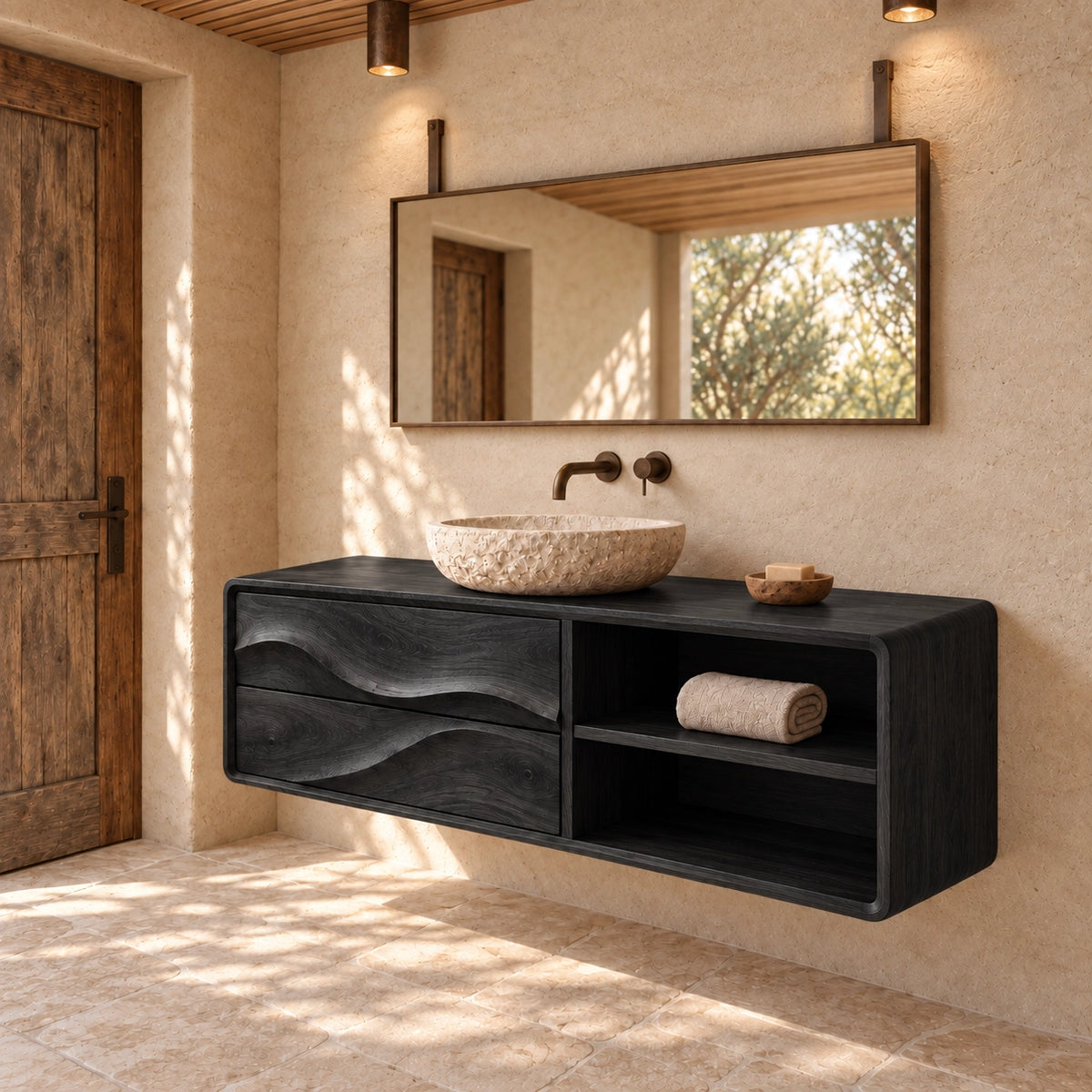 Bathroom Vanity with Wave-Carved Drawers and Open Storage Shelves - Woodenecho - 7