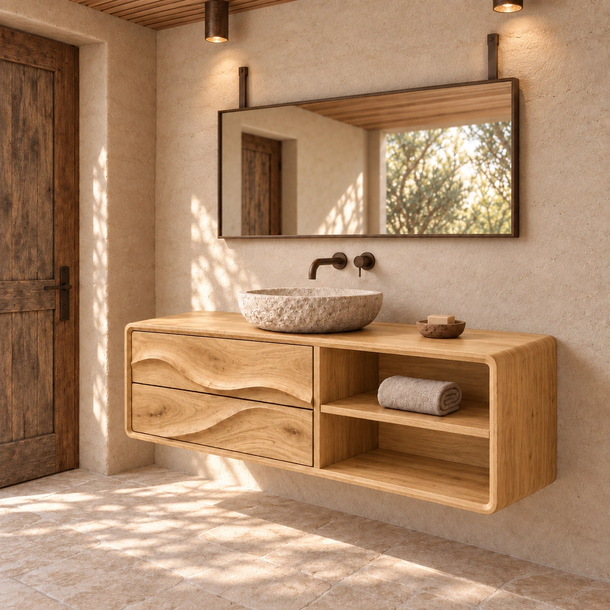 Bathroom Vanity with Wave-Carved Drawers and Open Storage Shelves - Woodenecho - 8