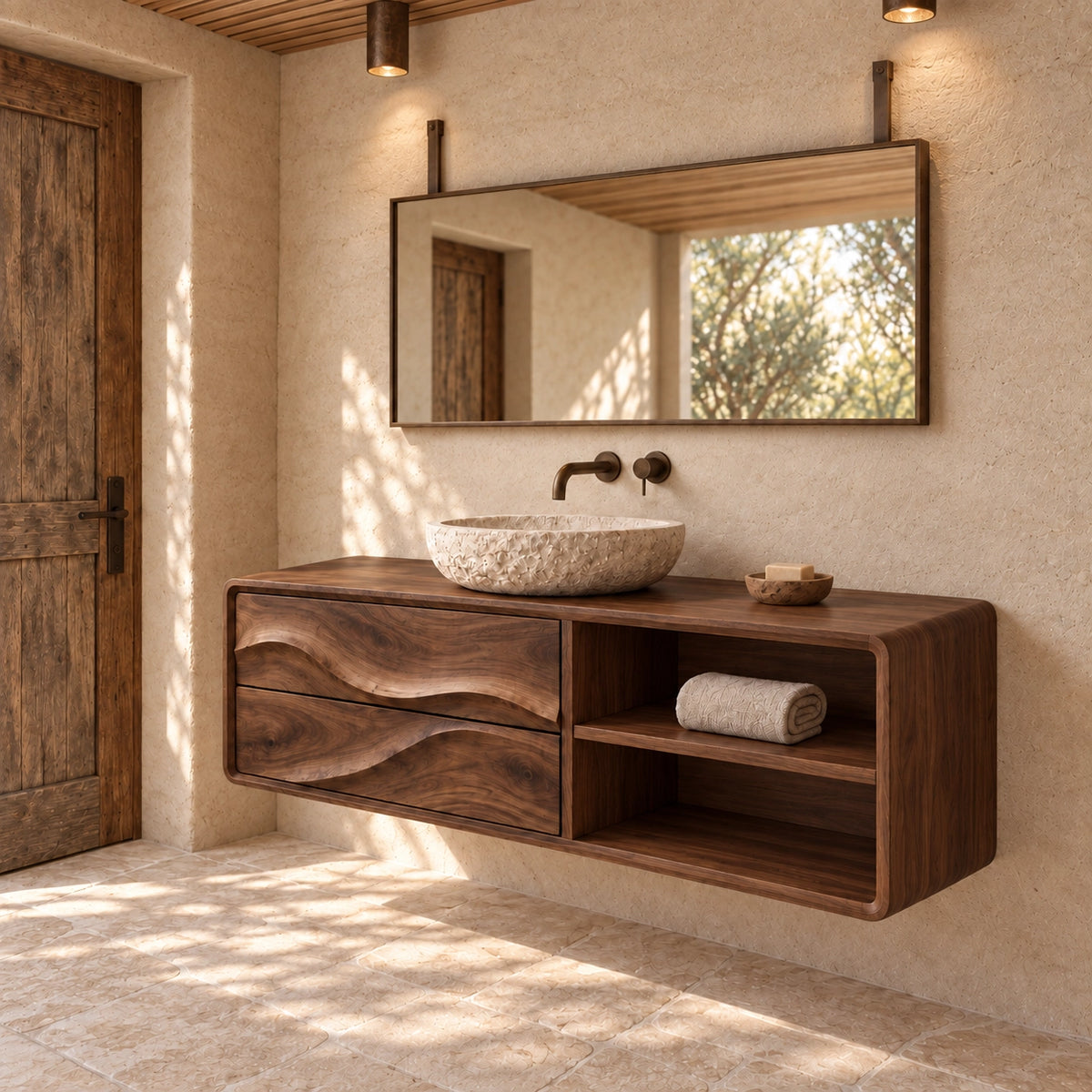 Bathroom Vanity with Wave-Carved Drawers and Open Storage Shelves - Woodenecho - 9