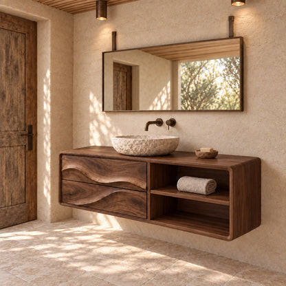 Bathroom Vanity with Wave-Carved Drawers and Open Storage Shelves - Woodenecho - 9