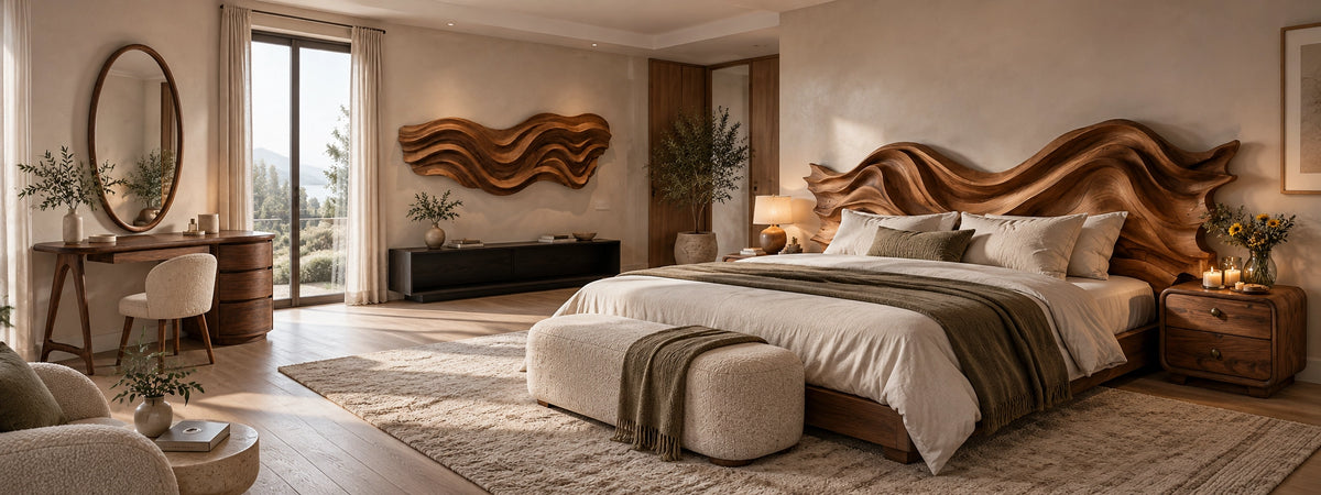 Bedroom with carved solid wood wave headboard, nightstands and wall art