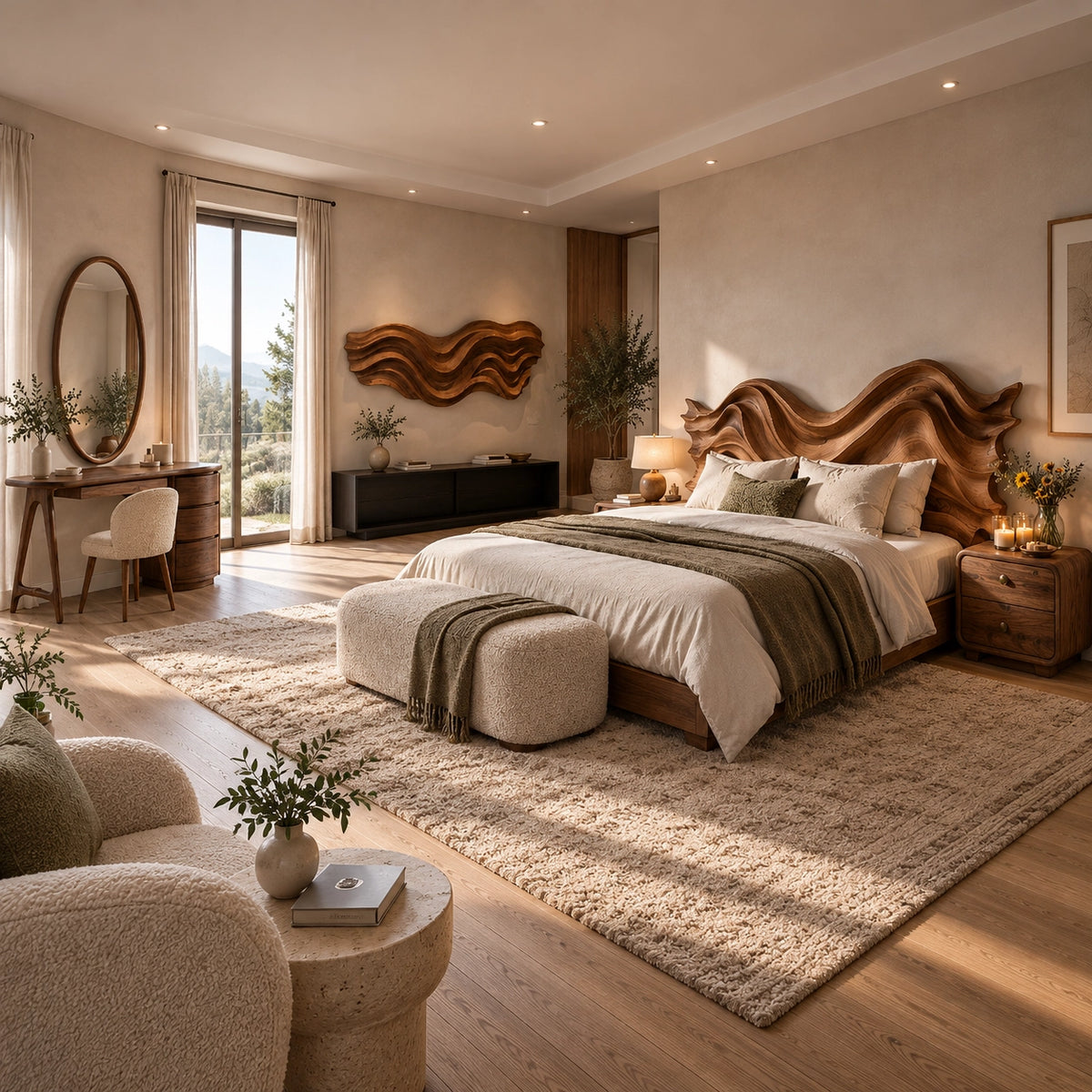 Bedroom with carved solid wood wave headboard, nightstands and wall art