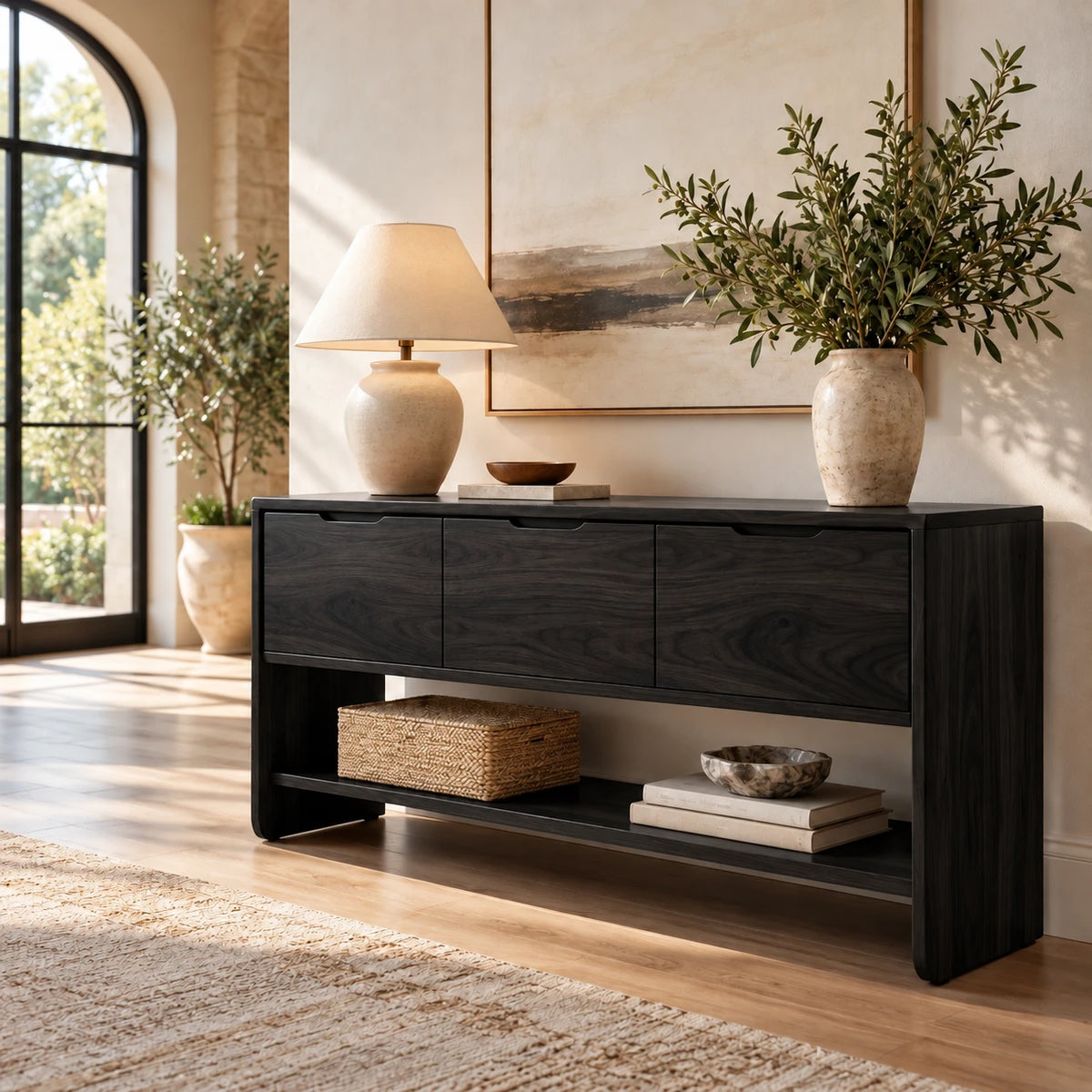 Behind Sofa Console Table with Three Drawers and Open Shelf on Waterfall Panels - Woodenecho - 10